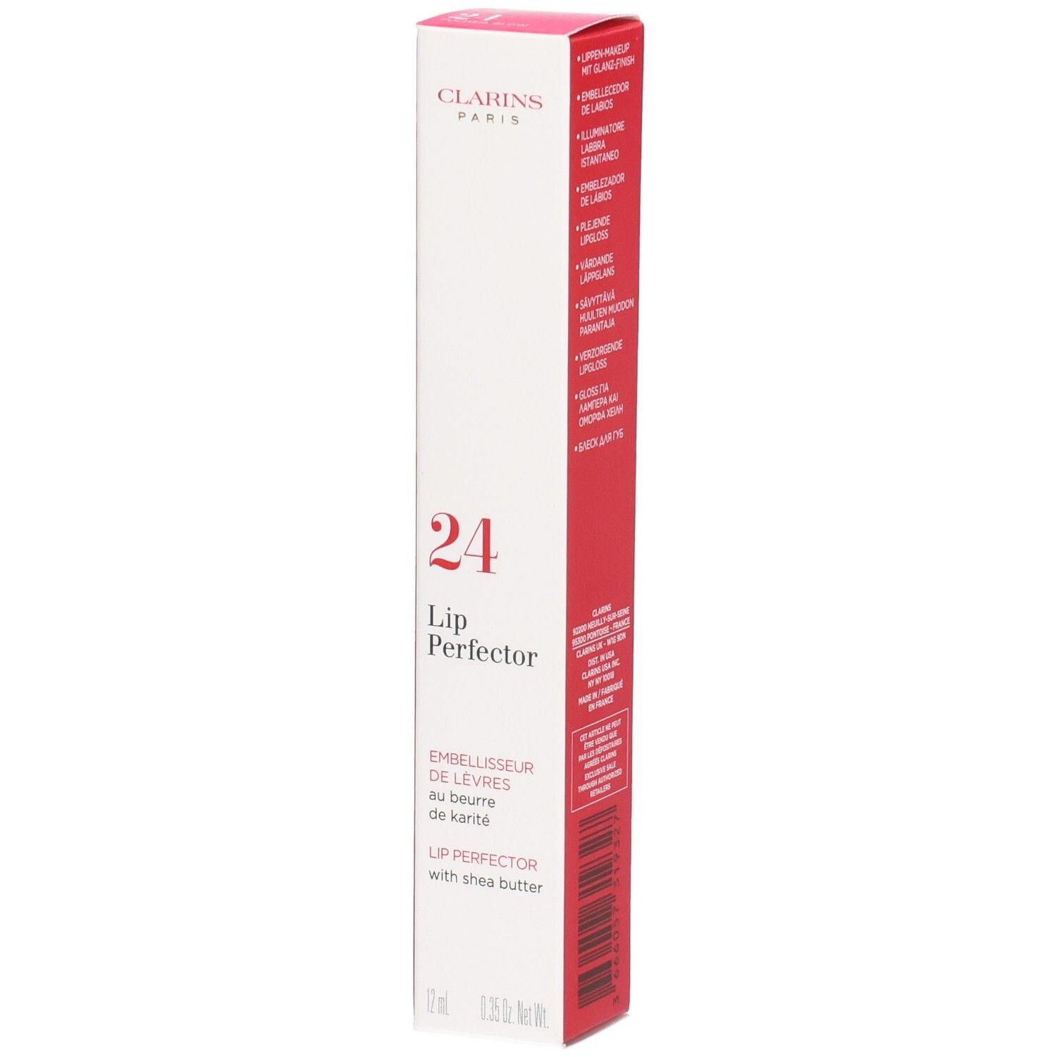 Clarins Lip Perfector 24h Verpackung mit Shea Butter. Rote und weiße Box mit Produktinformationen.