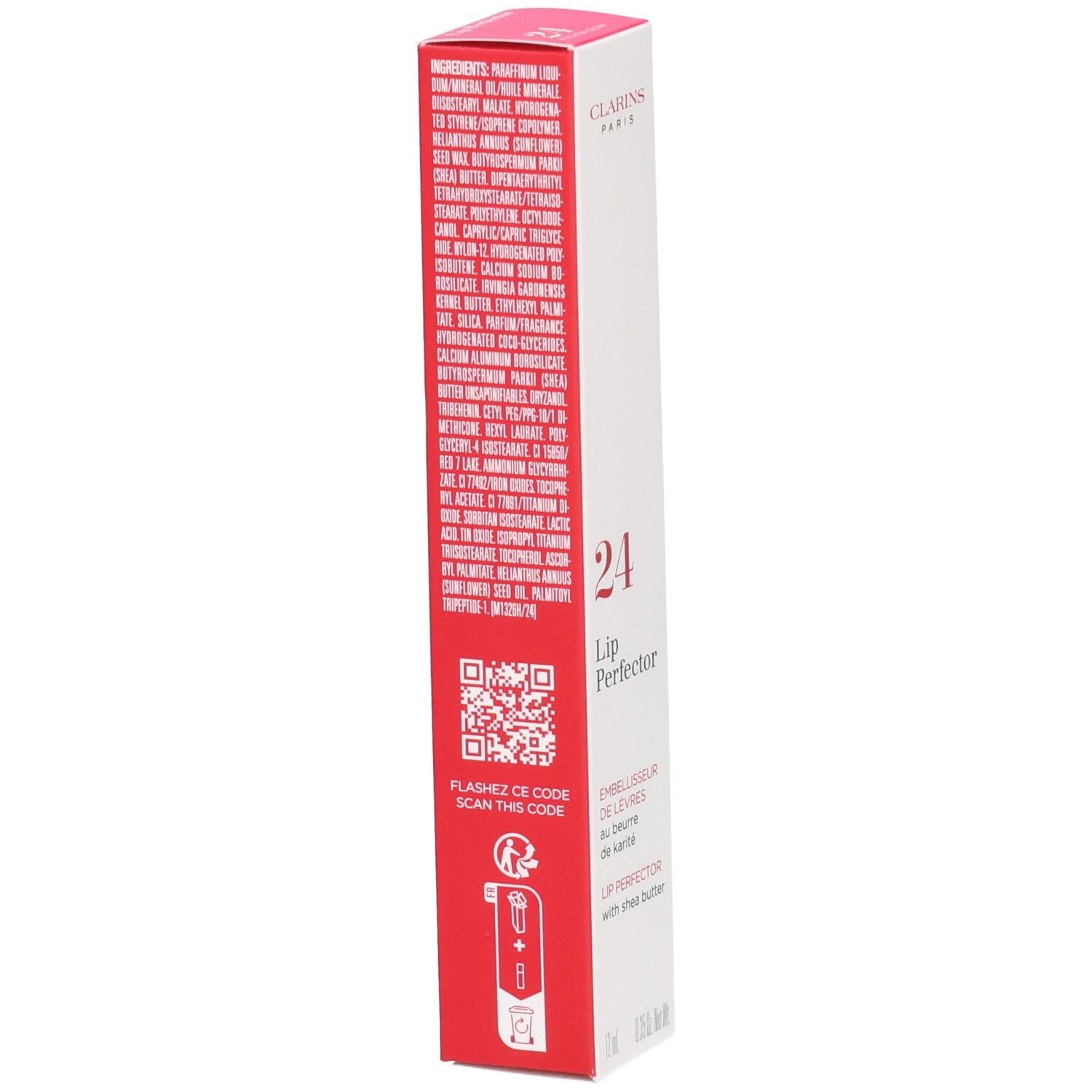 Clarins Lip Perfector 24h Verpackung Rückseite mit Inhaltsstoffen und QR-Code. Rote und weiße Box.