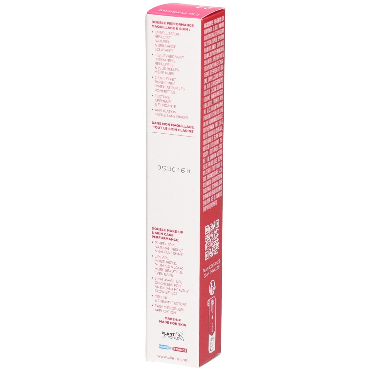 Clarins Lip Perfector 24h Verpackung Seite mit Produktvorteilen und Barcode. Rote und weiße Box.