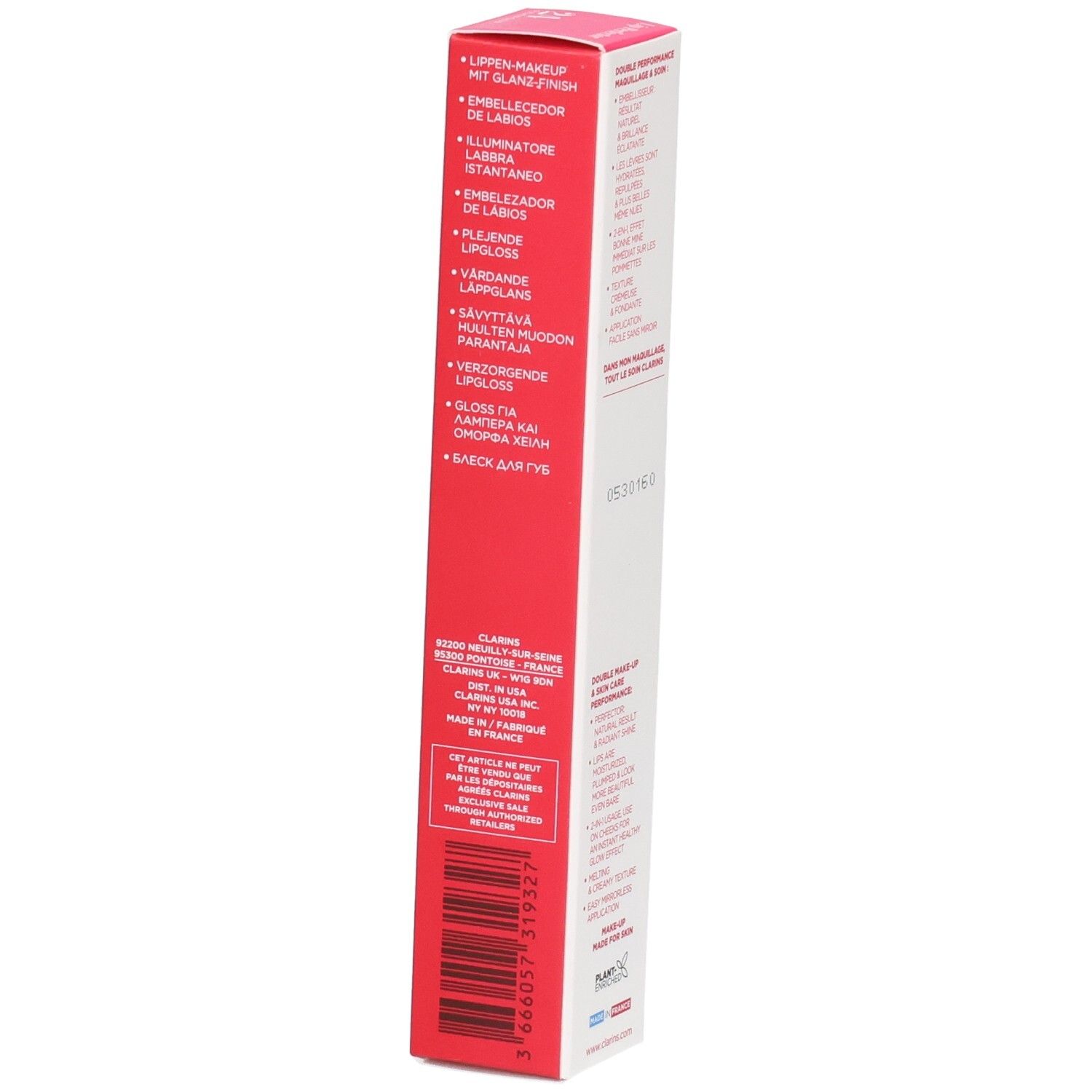 Clarins Lip Perfector 24h Verpackung Seite mit mehrsprachigen Produktbeschreibungen. Rote und weiße Box.