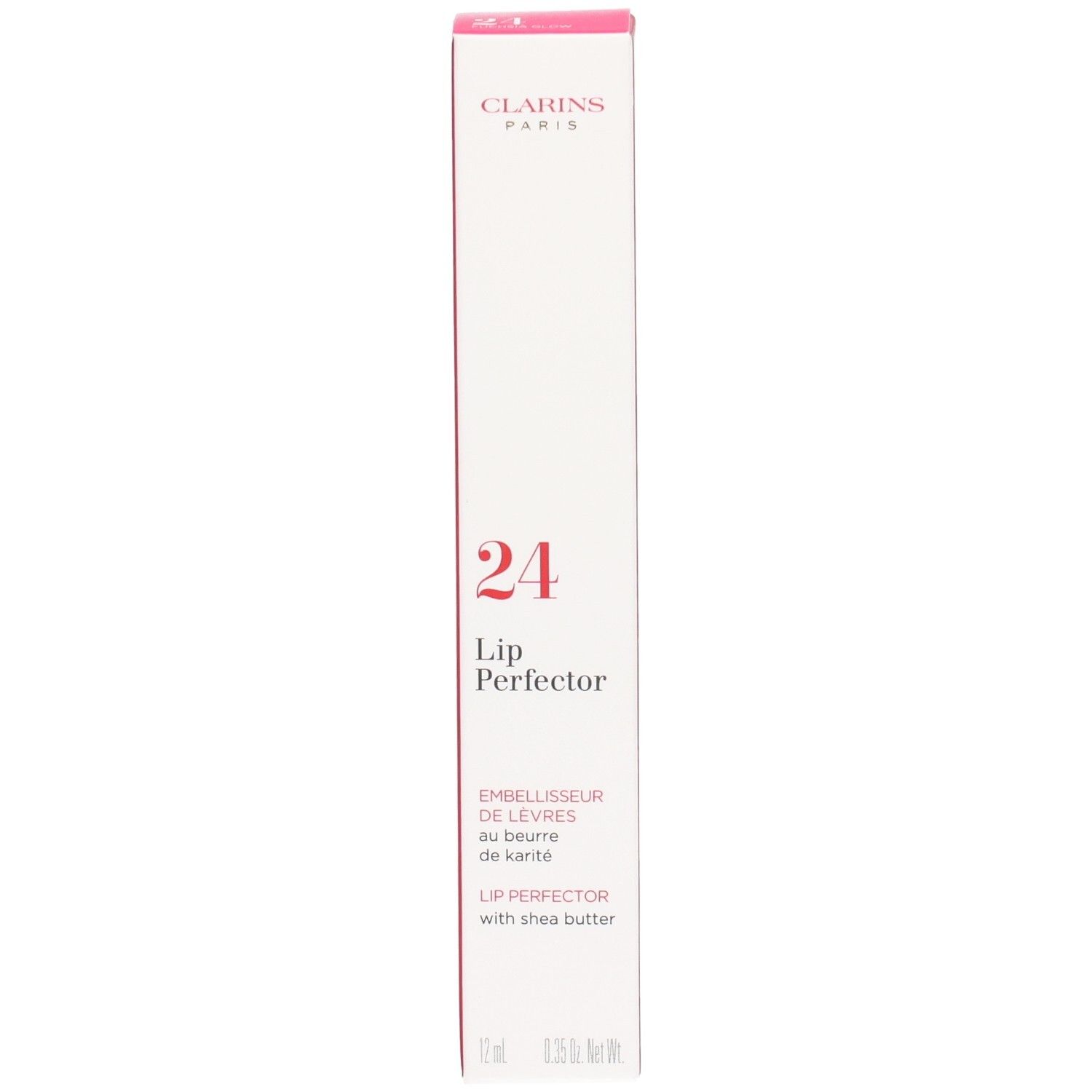 Clarins Lip Perfector 24h Verpackung Vorderseite mit Produktnamen und Shea Butter Hinweis. Rote und weiße Box.