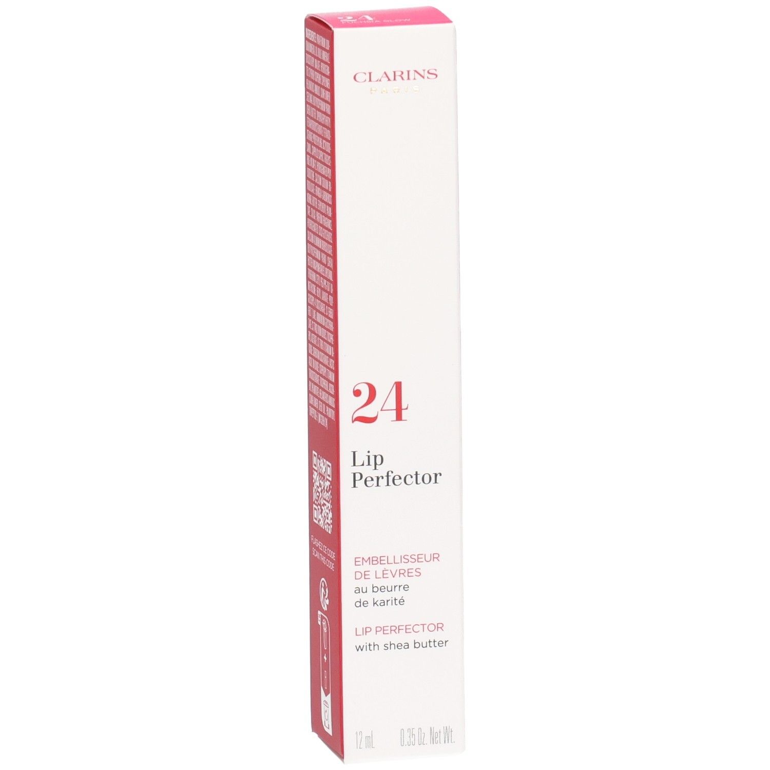 Clarins Lip Perfector 24h Verpackung Vorderseite mit Produktnamen und Shea Butter Hinweis. Rote und weiße Box.