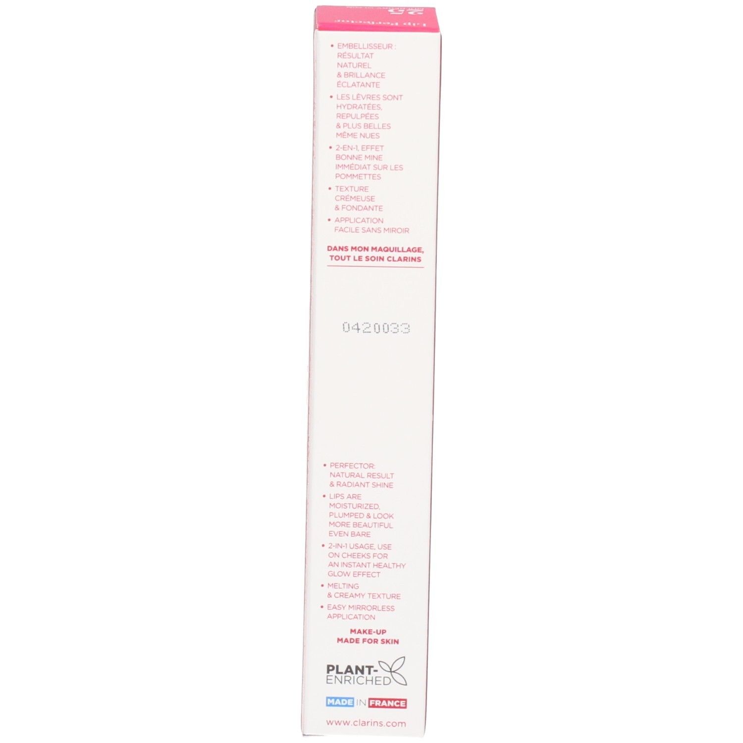 Clarins Lip Perfector, Umverpackung, Seite mit Produktinformationen.