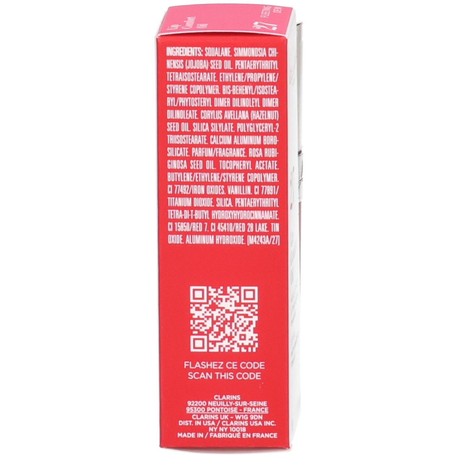 Rückseite der Clarins Lip Comfort Oil Verpackung mit Inhaltsstoffen und QR-Code.