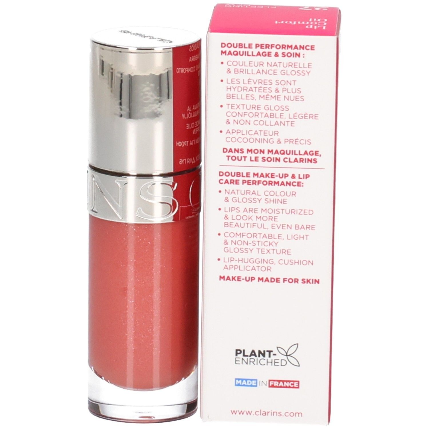 Clarins Lip Comfort Oil Flasche und Verpackung mit Produktvorteilen auf Französisch.
