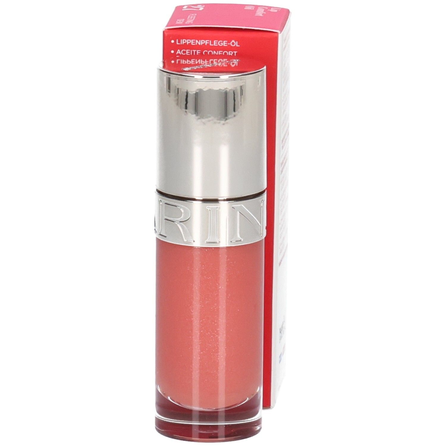 Clarins Lip Comfort Oil Flasche und Verpackung mit deutschen Produktinformationen.