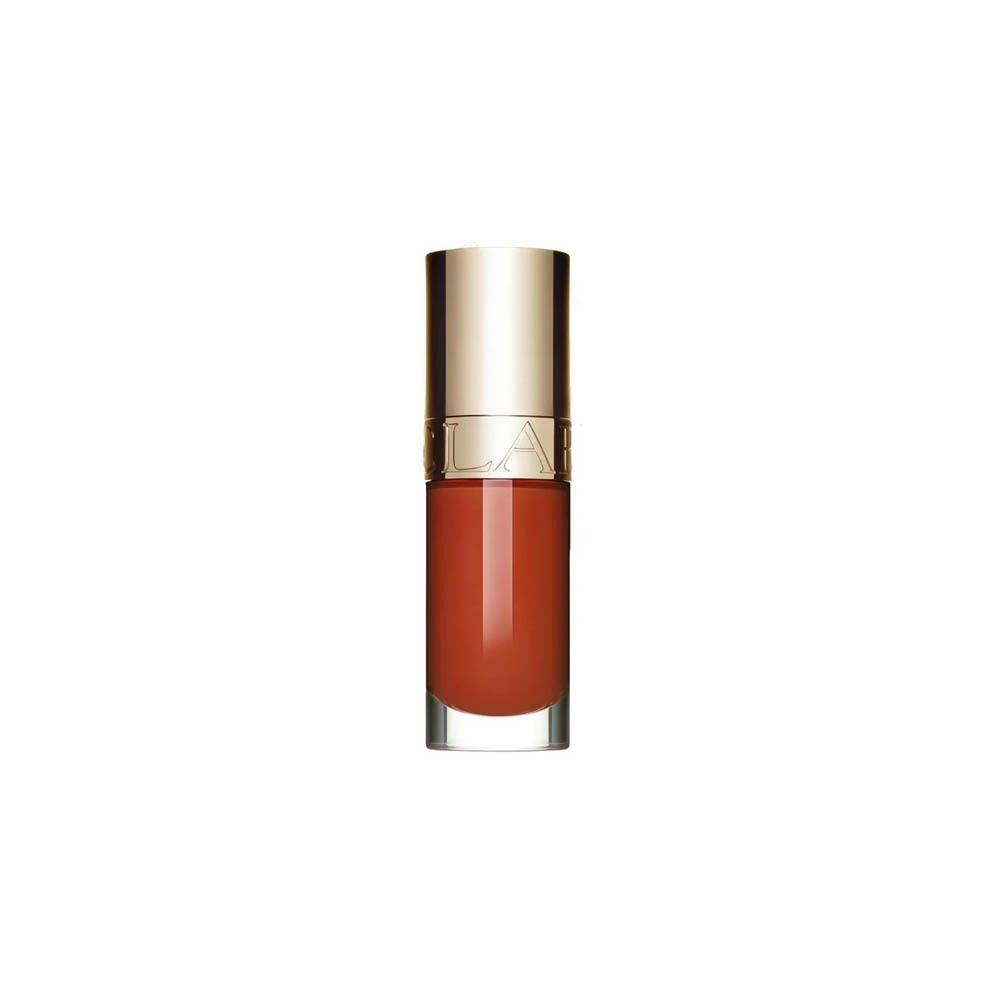 Clarins Lip Comfort Oil in Rosy Grace. Goldfarbener Deckel, transparenter Flakon mit rotem Öl.