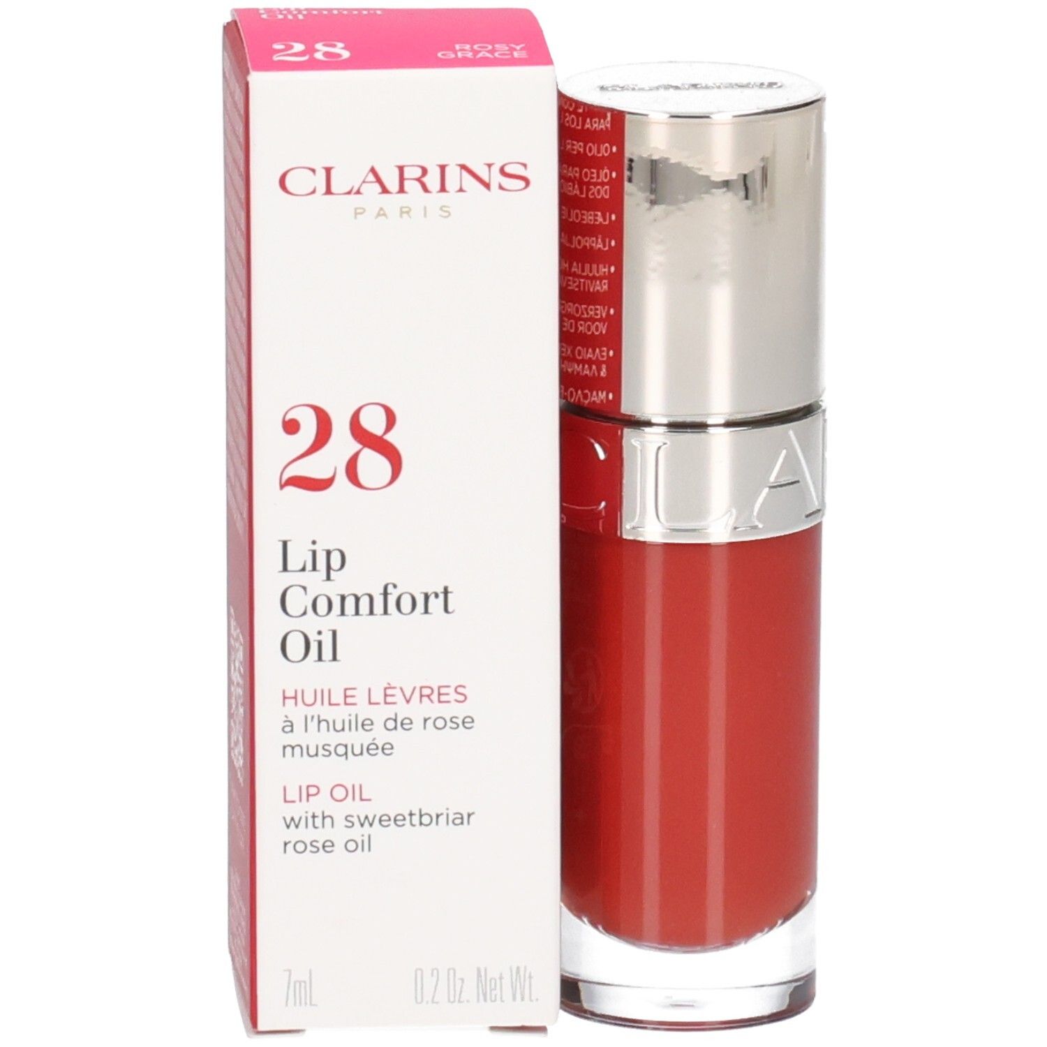 Clarins Lip Comfort Oil 28 Rosy Grace mit Verpackung. Rote Lippenölflasche neben der Schachtel.