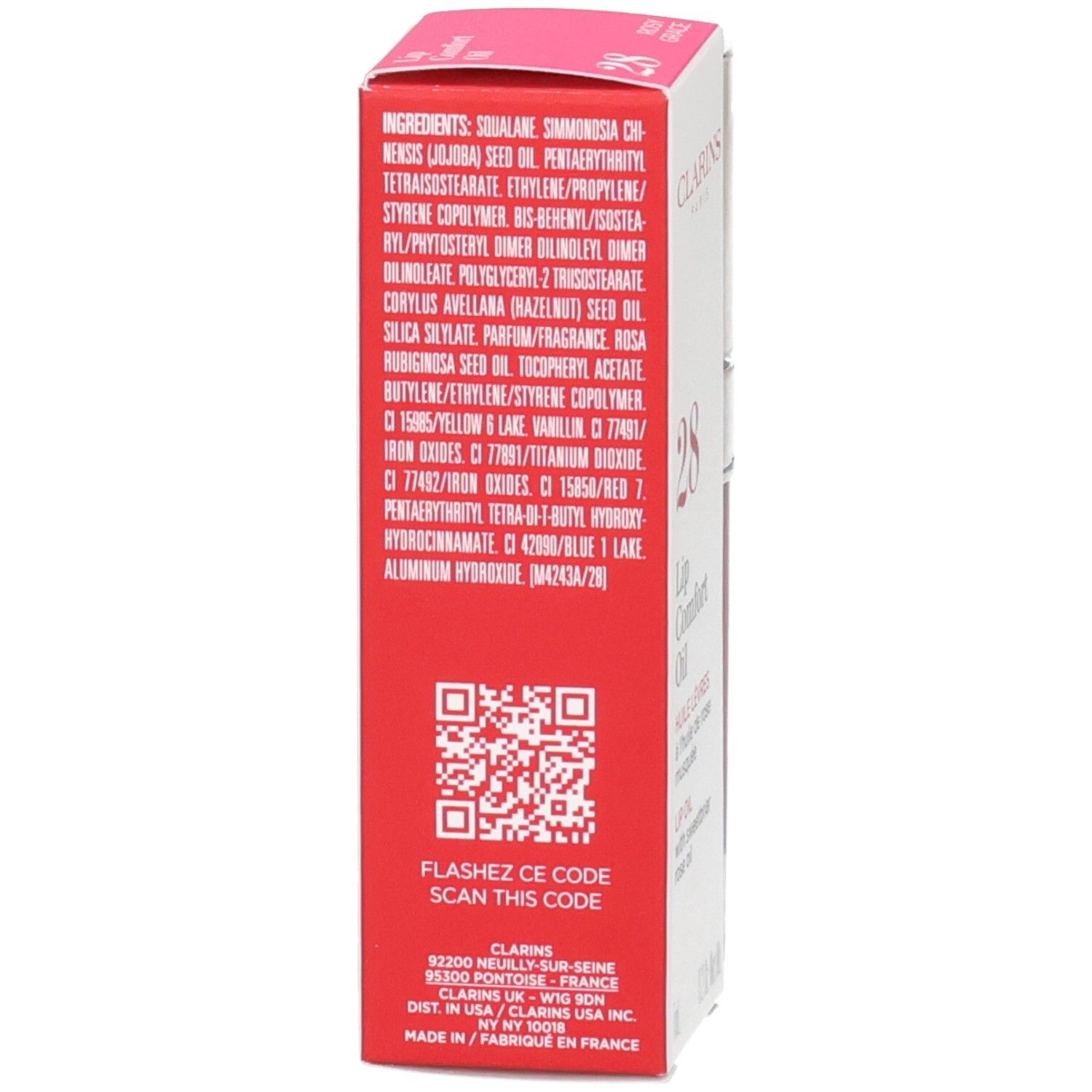 Clarins Lip Comfort Oil 28 Rosy Grace Verpackung. Rückseite mit Inhaltsstoffen und QR-Code.