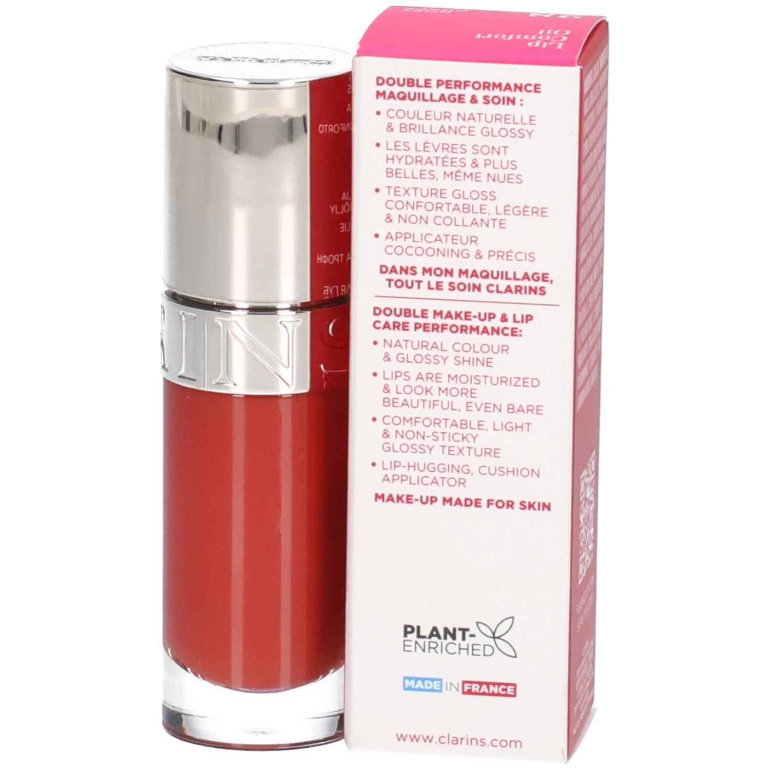 Clarins Lip Comfort Oil 28 Rosy Grace Verpackung. Seite mit Produktvorteilen und Siegeln.
