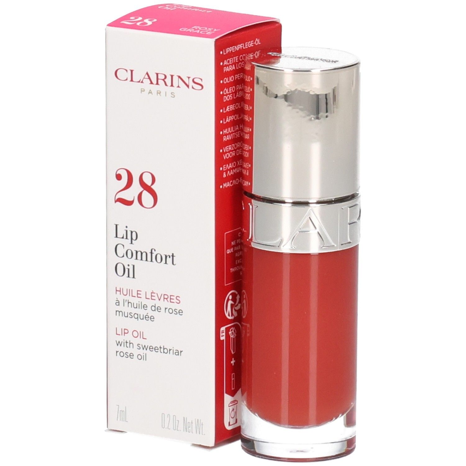 Clarins Lip Comfort Oil 28 Rosy Grace mit Verpackung. Rote Lippenölflasche neben der Schachtel.