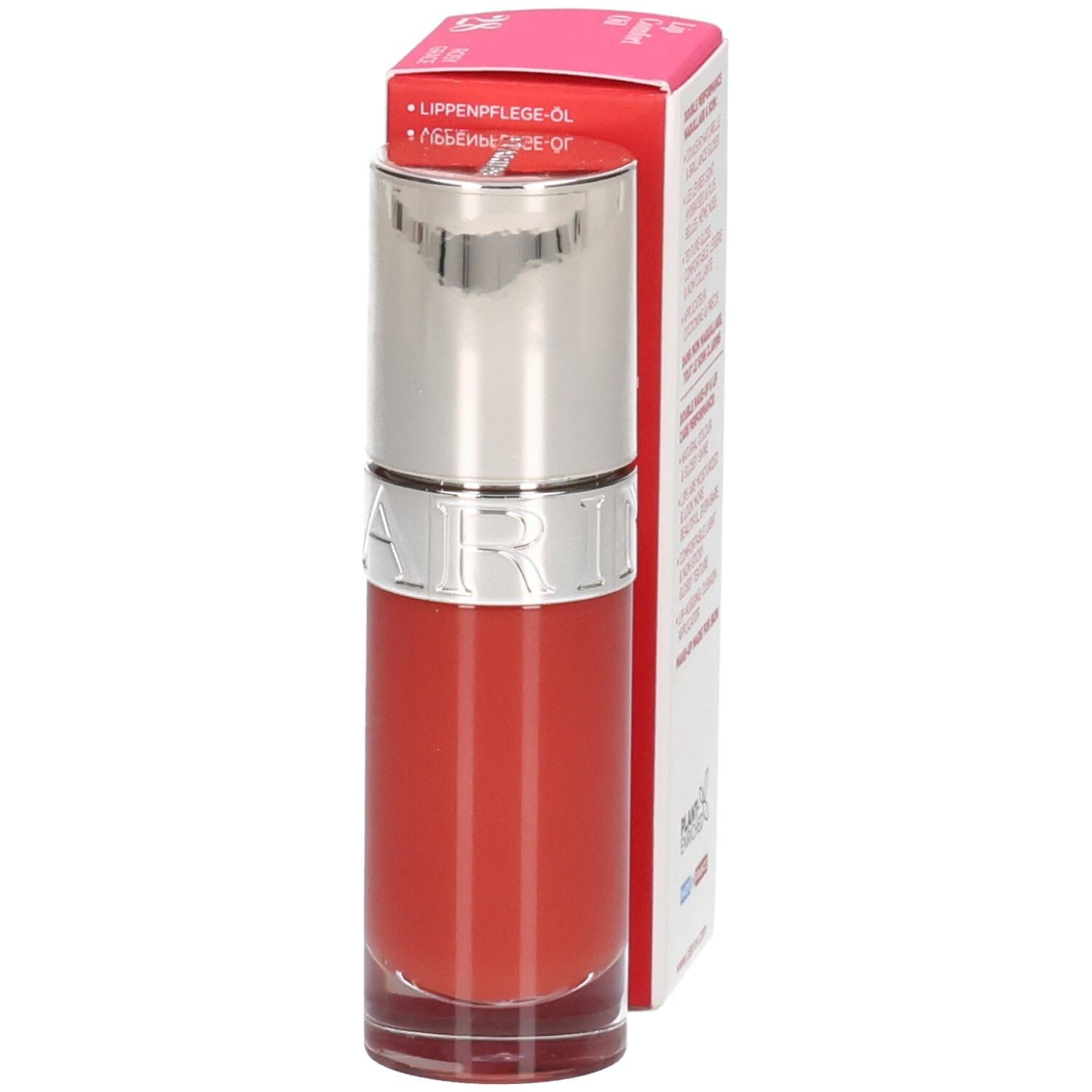 Clarins Lip Comfort Oil 28 Rosy Grace mit Verpackung. Rote Lippenölflasche neben der Schachtel.