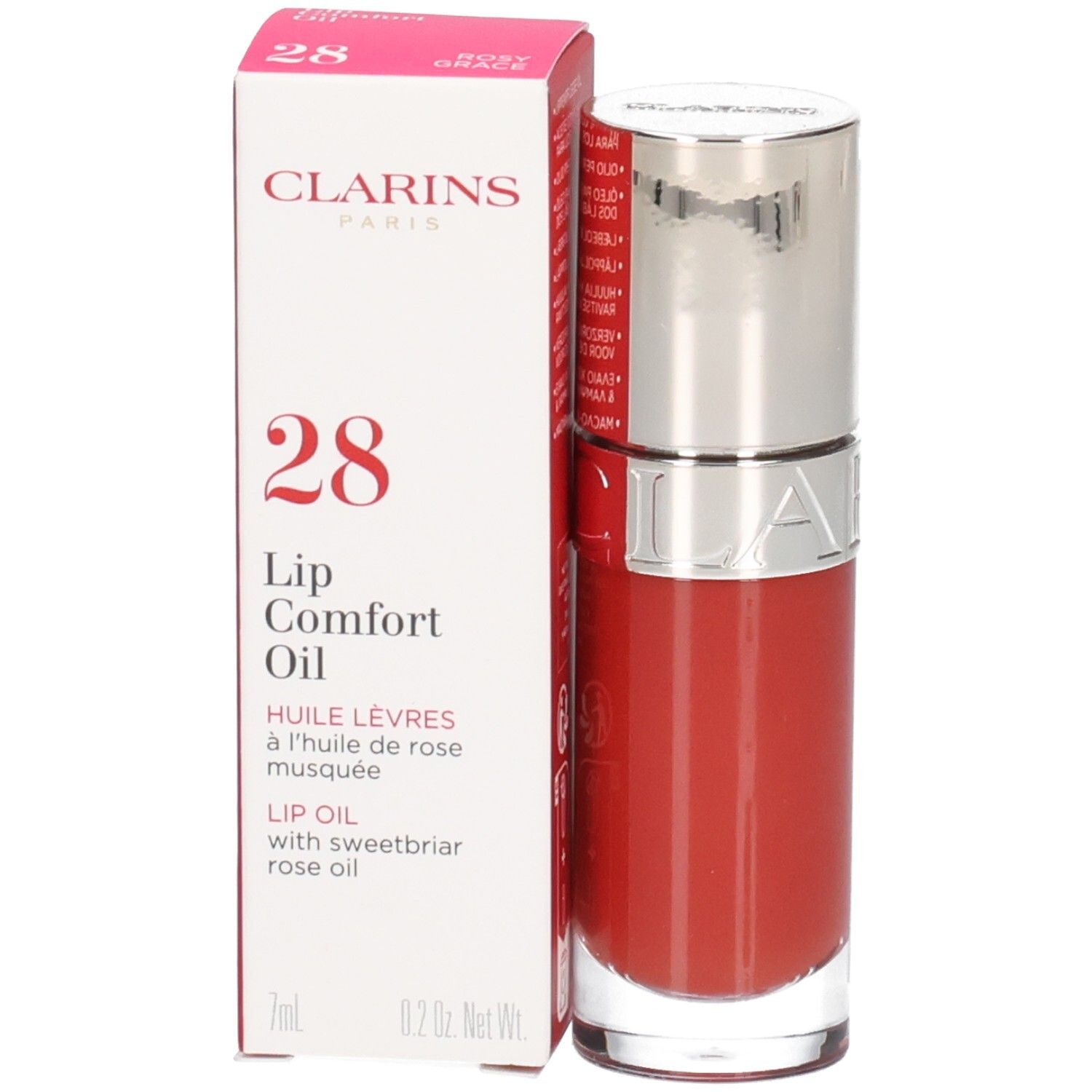 Clarins Lip Comfort Oil 28 Rosy Grace mit Verpackung. Rote Lippenölflasche neben der Schachtel.