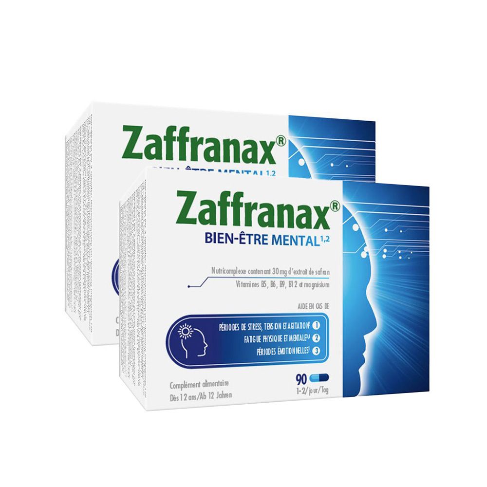 Zaffranax Bien-Être Mental. Boîtes de comprimés. Inscription: 90 comprimés. Complément alimentaire.