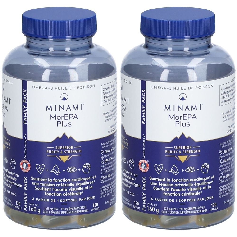Zwei Flaschen MINAMI MorEPA Plus. Blaue Deckel, transparente Behälter mit gelben Kapseln. Aufschrift: Omega-3, FAMILY PACK.