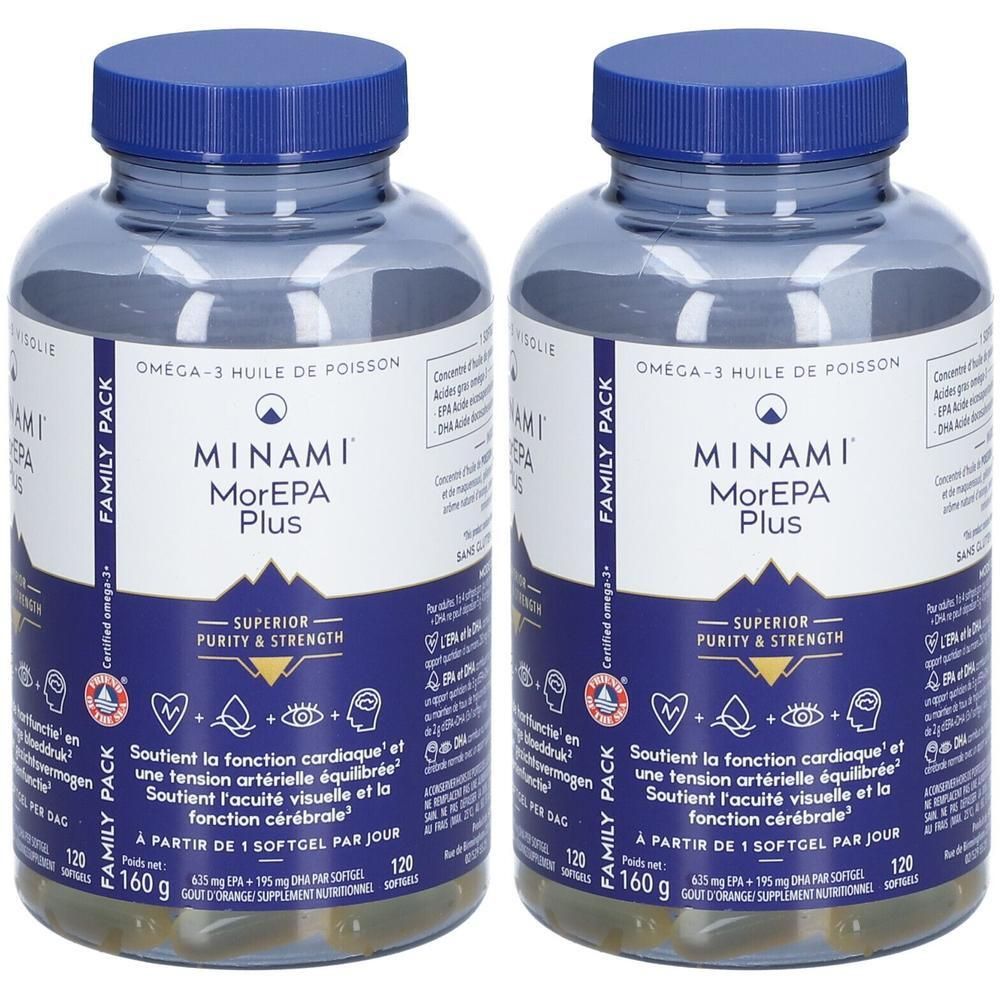 Zwei Flaschen MINAMI® MorEPA Plus. Blaue Deckel, transparente Behälter mit Kapseln. Etikett mit Produktinformationen.