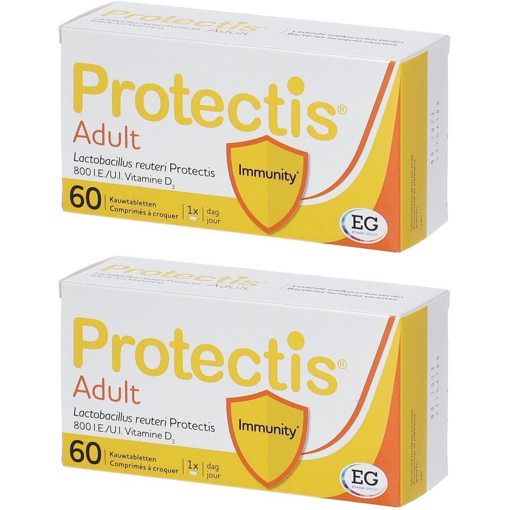 Zwei Packungen Protectis® Adult. Aufschrift: 60 Kautabletten, Lactobacillus reuteri Protectis, Vitamin D3, Immunity-Logo.