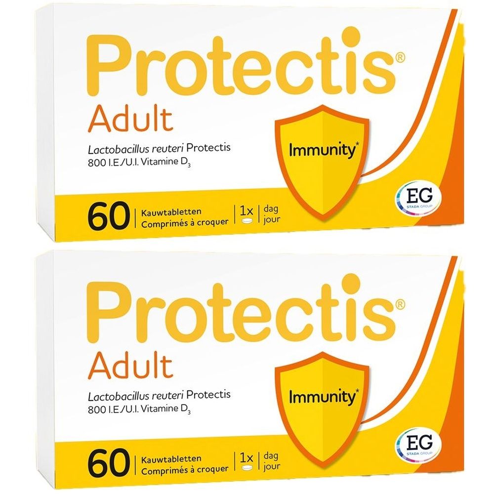 Deux boîtes de Protectis® Adult. Inscription: 60 comprimés à croquer, Lactobacillus reuteri Protectis, vitamine D3, logo Immunity.