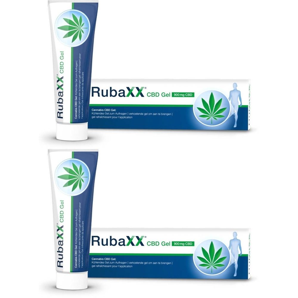 Zwei Tuben und zwei Schachteln RubaXX CBD Gel. Auf den Tuben und Schachteln ist ein grünes Cannabisblatt abgebildet.