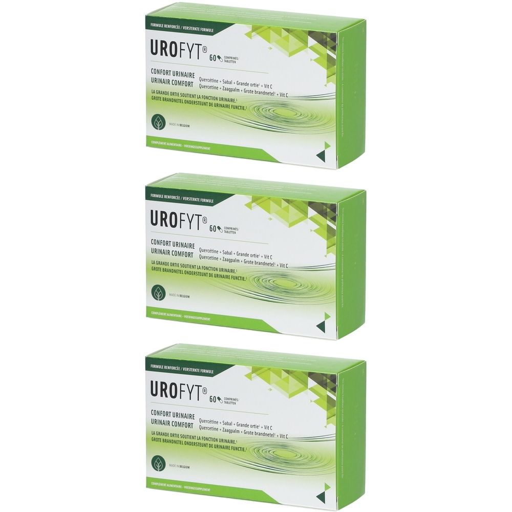 Drei grüne Schachteln mit weißer Schrift. Aufschrift: UROFYT 60%. Konfort urinario. Tabletten für Männer ab 45.