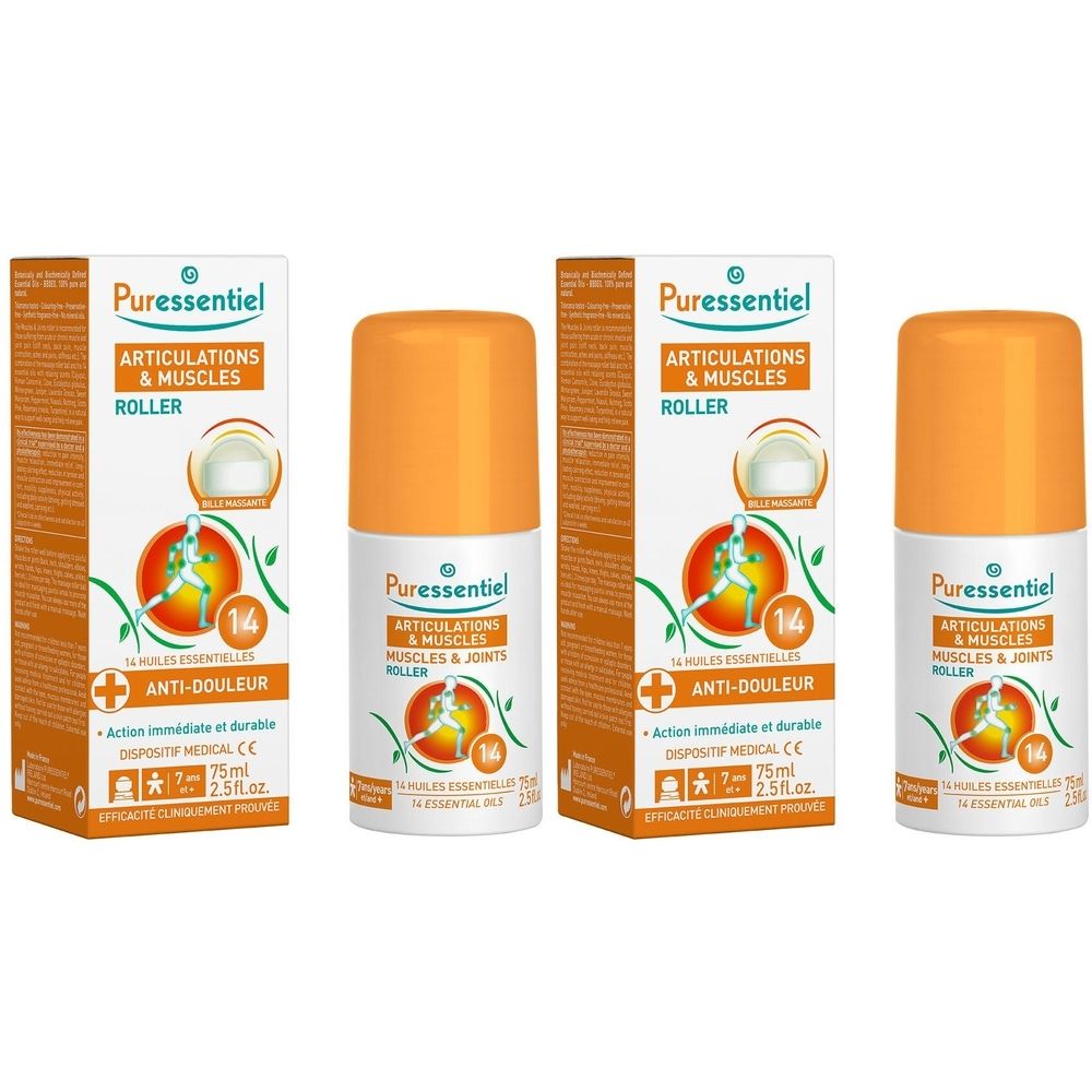 Drei Roll-On-Flaschen und zwei Kartons. Aufschrift: Puressentiel, Articulations & Muscles, Roller, Anti-Douleur. 14 ätherische Öle.
