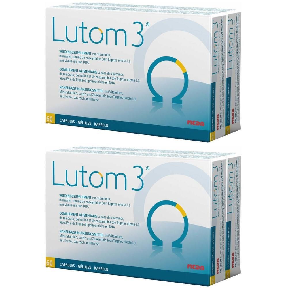 Zwei Schachteln Lutom 3®-Nahrungsergänzungsmittel. Weiße Schachteln mit blauem und gelbem Design. Aufschrift Lutom 3® und weitere Informationen.
