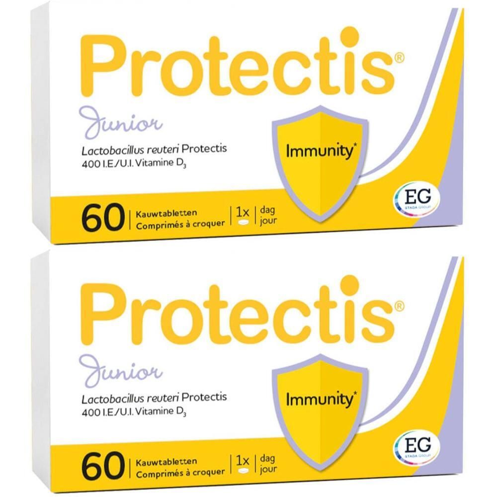 Zwei Schachteln Protectis Junior. Aufschrift: 60 Kautabletten, Immunity, Lactobacillus reuteri Protectis, 400 I.E. Vitamin D.
