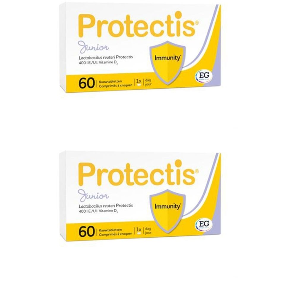 Deux boîtes de Protectis Junior. Inscription: 60 comprimés à croquer, Immunity, Lactobacillus reuteri Protectis, Vitamine D.