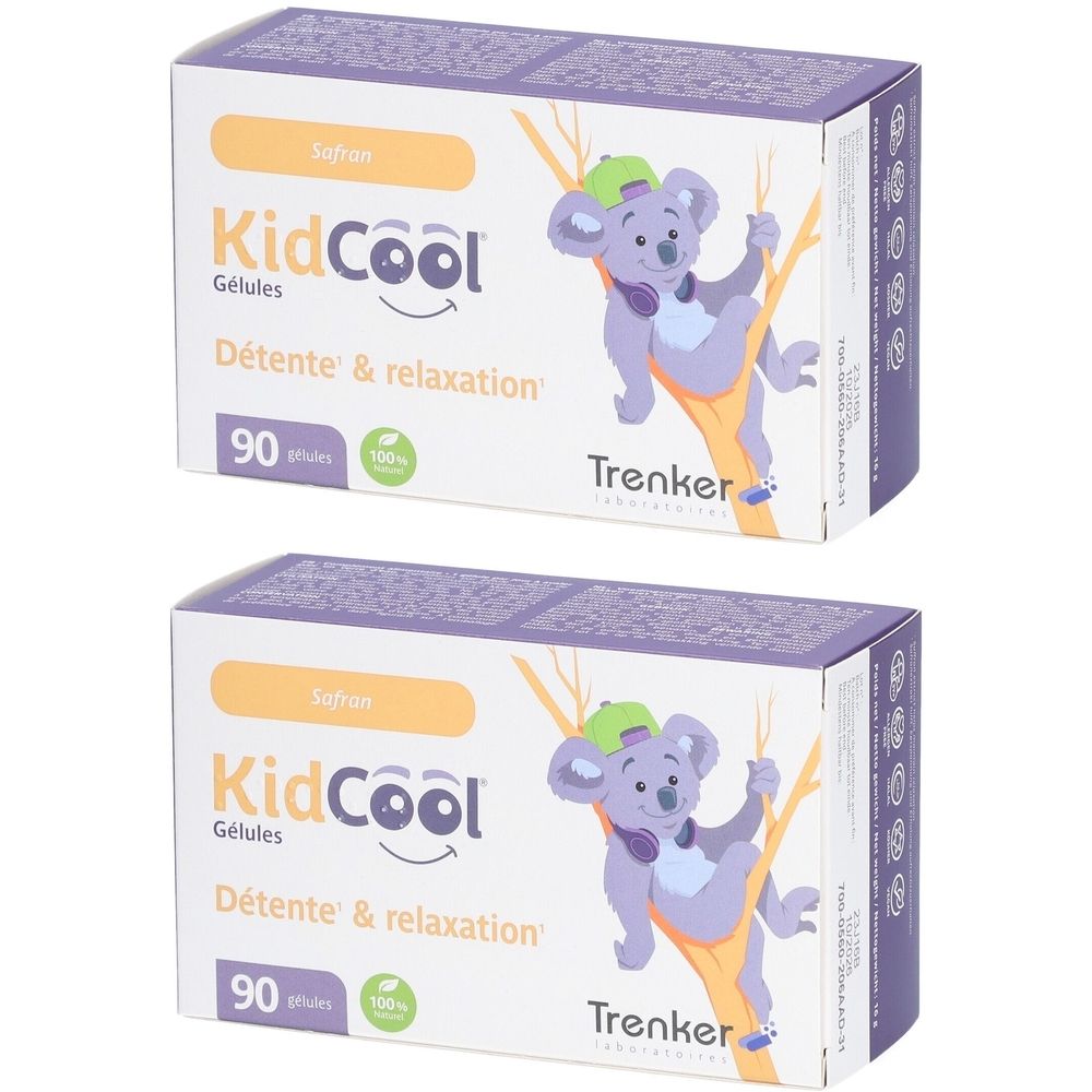 Zwei Schachteln mit KidCool-Kapseln. Aufdruck: Safran, Gélules, Détente & relaxation, 90 Stück, Trenker.