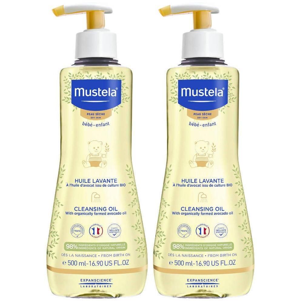 Zwei Flaschen Mustela Reinigungsöl mit gelbem Pumpkopf. Aufschrift: HUILE LAVANTE, CLEANSING OIL. Enthält 98% Inhaltsstoffe natürlichen Ursprungs.