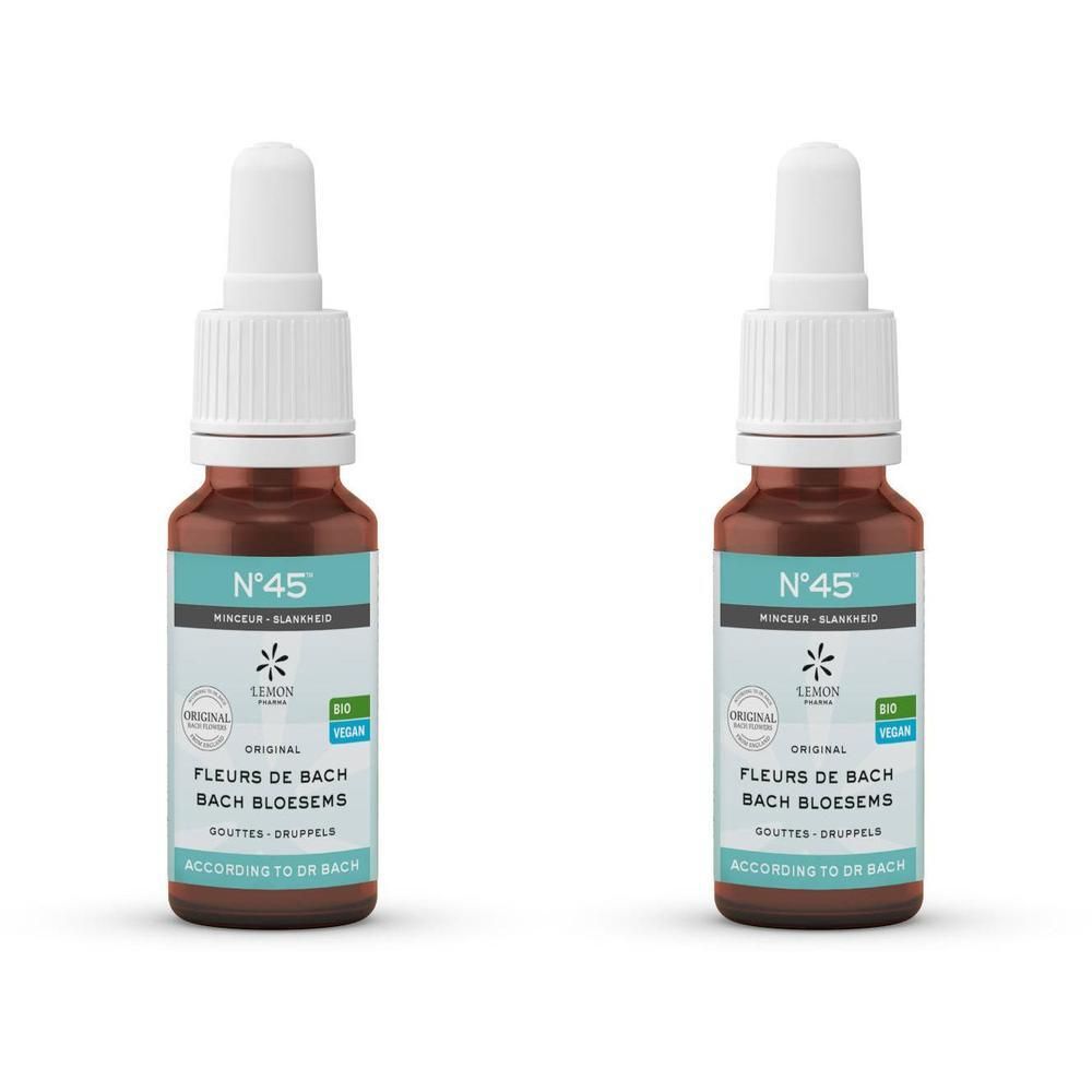 Zwei braune Glasflaschen mit weißem Deckel und Pipette. Etikett mit Text: N°45, Fleurs de Bach, Bio, Vegan.
