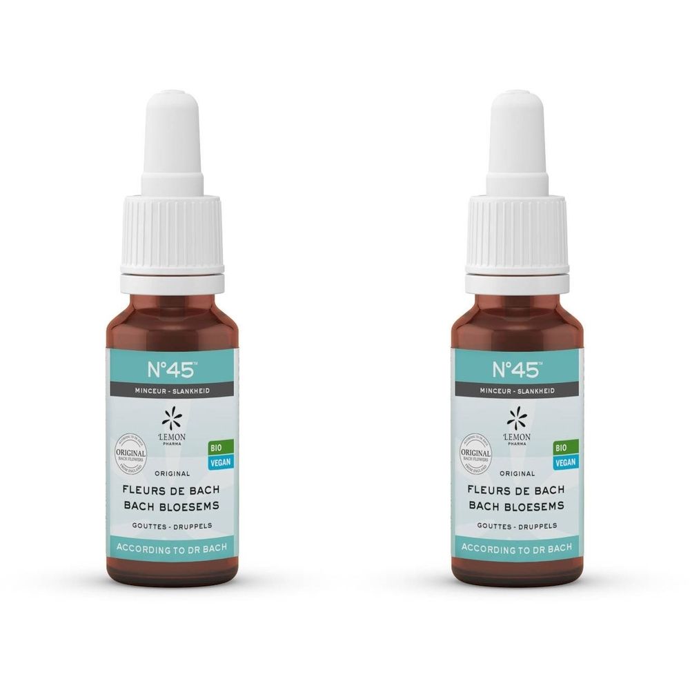 Deux flacons en verre brun avec bouchon blanc et pipette. Étiquette avec texte : N°45, Fleurs de Bach, Bio, Vegan.