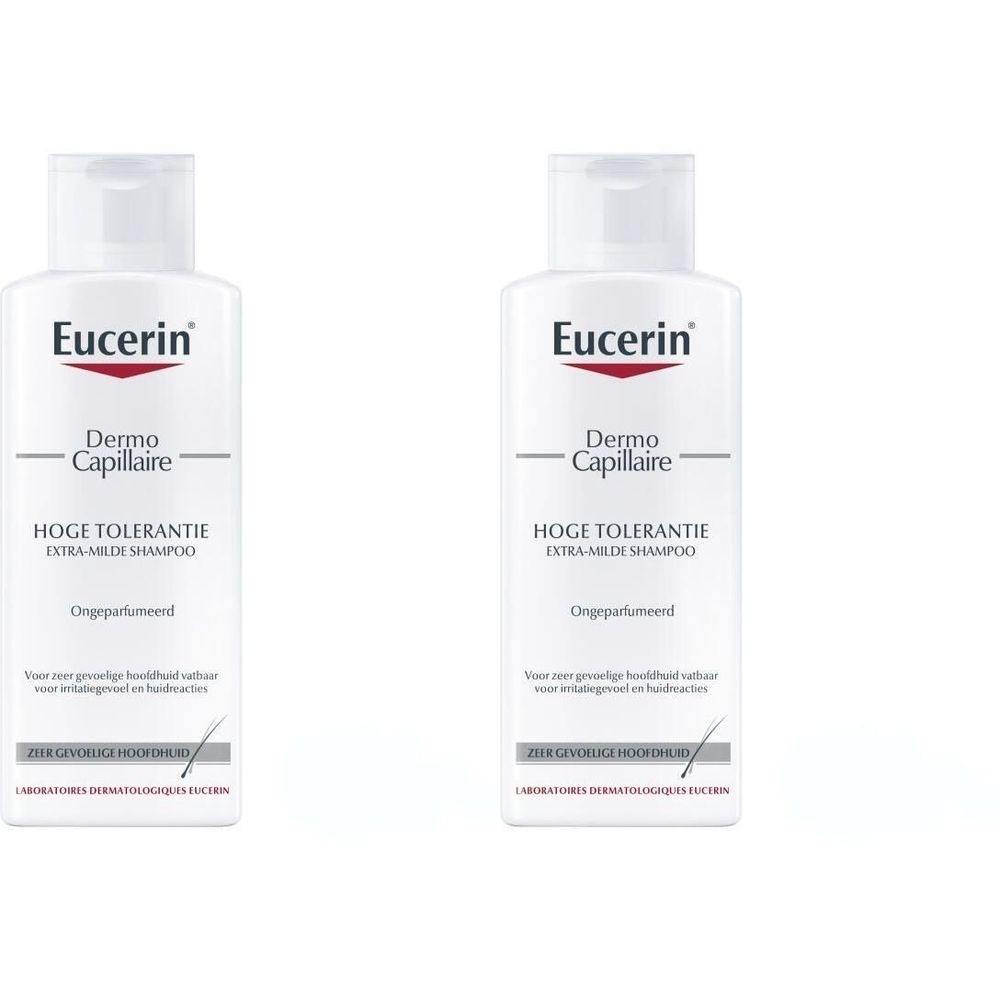 Zwei weiße Shampoo-Flaschen mit Klappdeckel. Aufschrift: Eucerin DermoCapillaire, Hoge Tolerantie Extra-Milde Shampoo.