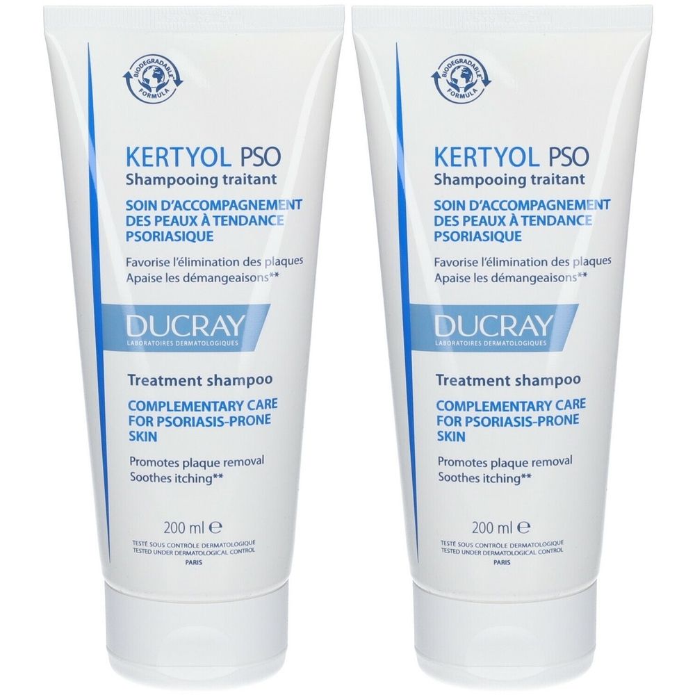 Deux tubes de shampooing Ducray Kertyol P.S.O., 200 ml. Soin complémentaire pour peaux à tendance psoriasique.