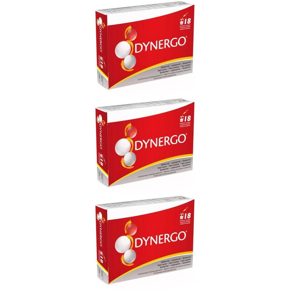 Drei Packungen Dynergo. Rote und weiße Verpackung mit Produktnamen und Abbildung von Kugeln. Enthält die Zahl 18.