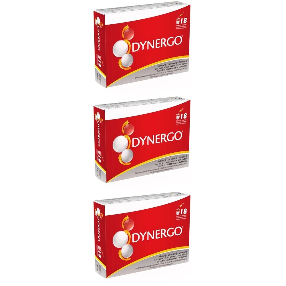 Trois boîtes de Dynergo. Emballage rouge et blanc avec nom du produit et illustration de boules. Contient le chiffre 18.