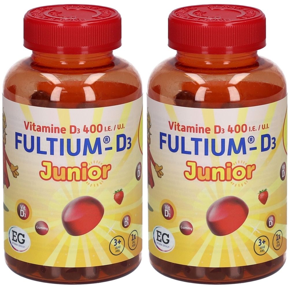 Flasche FULTIUM®-D3 Junior. Transparente Flasche mit rotem Deckel. Aufschrift: Vitamin D3 400 I.E./I.U. und Produktname. Rote Gummibärchen.