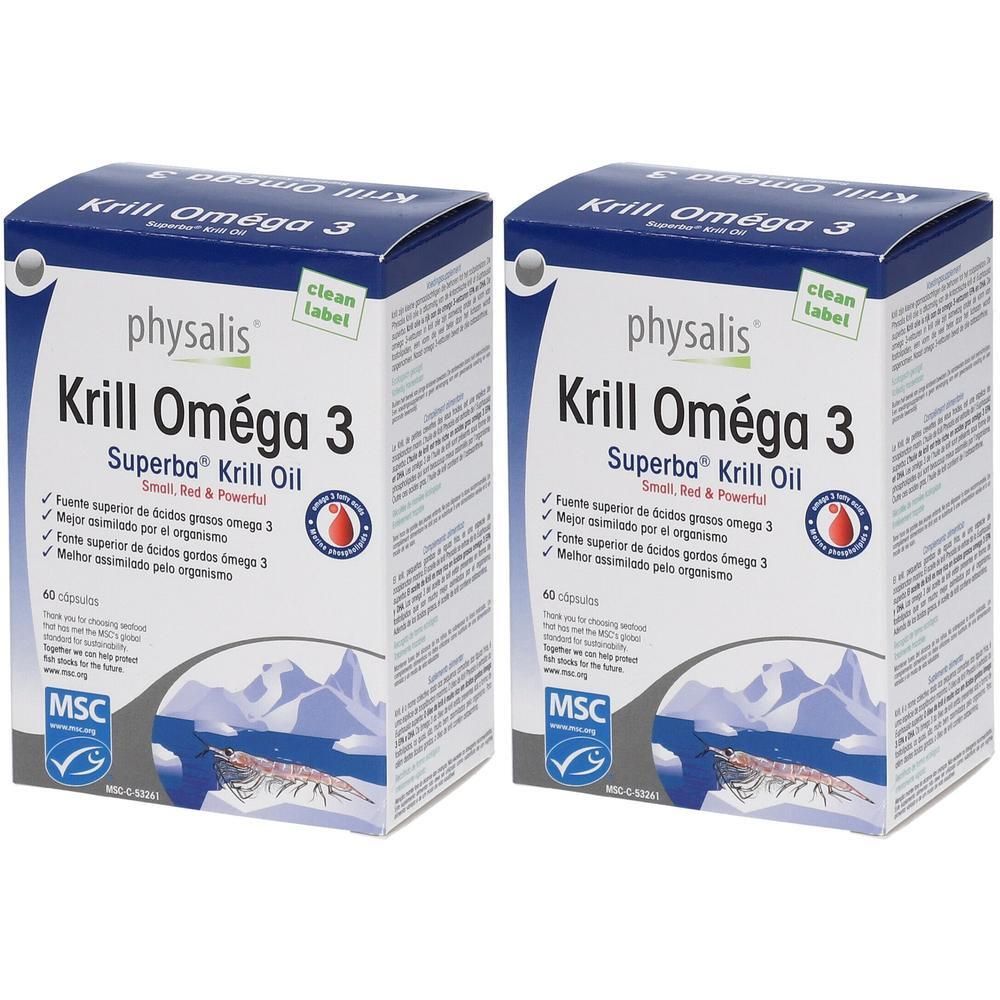 Zwei Schachteln physalis® Krill Omega 3. Blaue Verpackung mit weißer Schrift. MSC-Zertifizierung. Aufschrift: Krill Omega 3, Superba® Krill Oil.