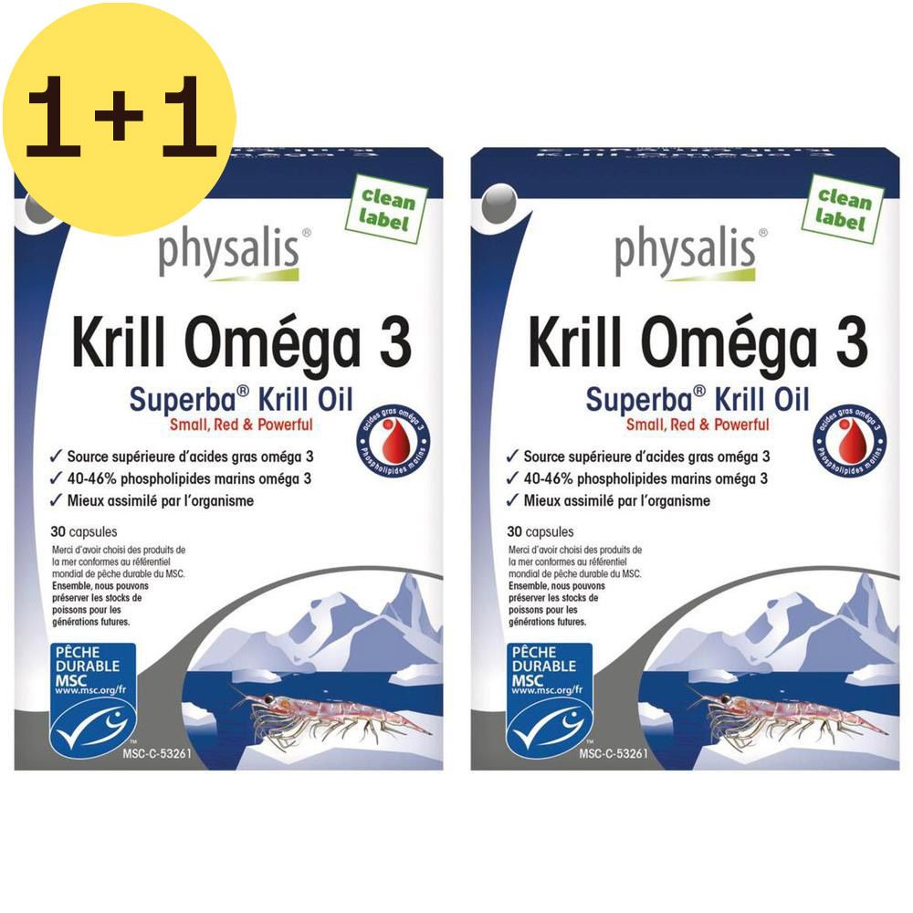 Deux boîtes de physalis® Krill Omega 3. Emballage bleu avec texte blanc. Certification MSC. Inscription : Krill Omega 3, Superba® Krill Oil.