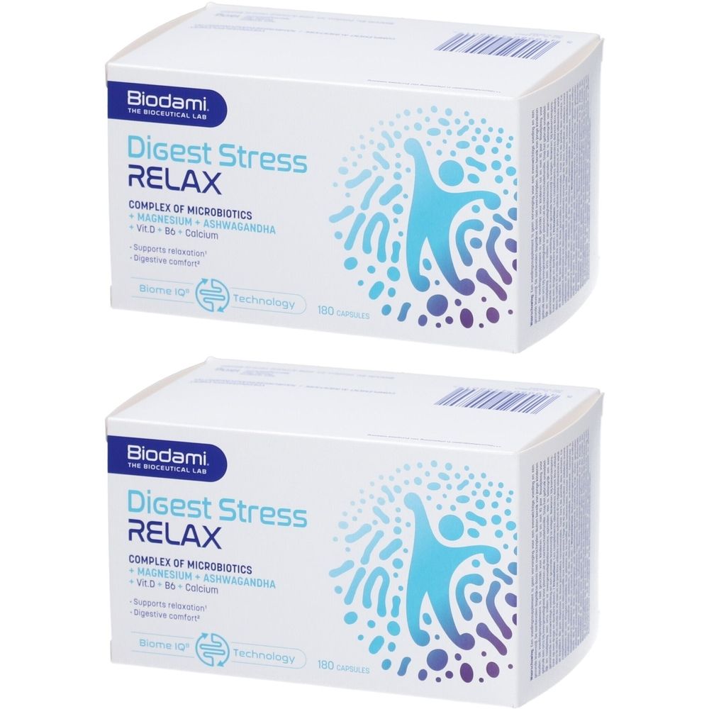 Zwei Packungen Biodami Digest Stress Relax. Weiße Schachteln mit blauem Logo und Text. Enthält 180 Kapseln.