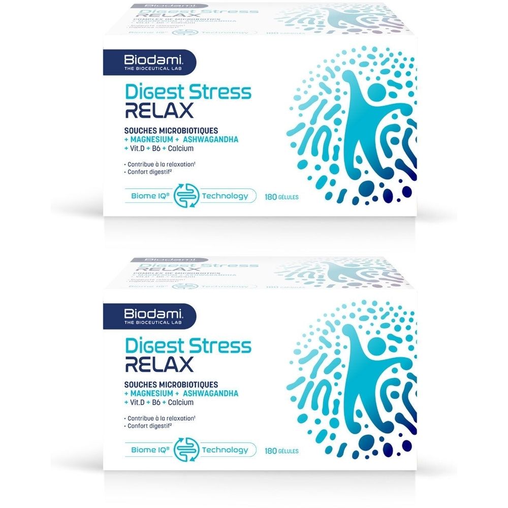 Deux boîtes de Biodami Digest Stress Relax. Boîtes blanches avec logo et texte bleus. Contient 180 gélules.