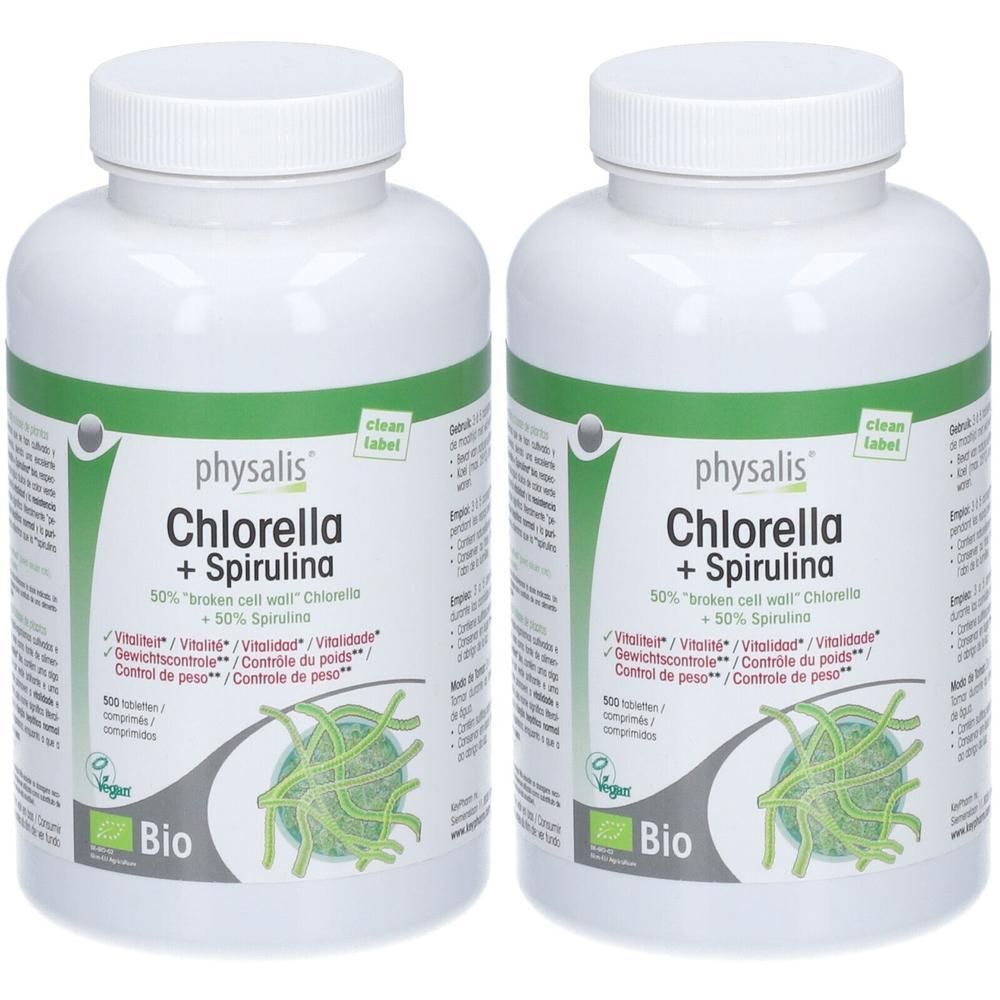 Zwei Dosen PHYSALIS Chlorella + Spirulina Bio, 50% Chlorella, 50% Spirulina.