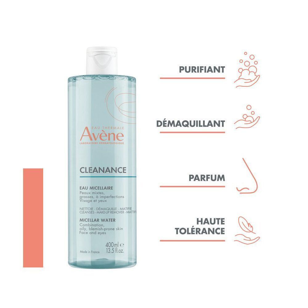 Eau micellaire Avène Cleanance : purifie, démaquille, sans parfum, haute tolérance.