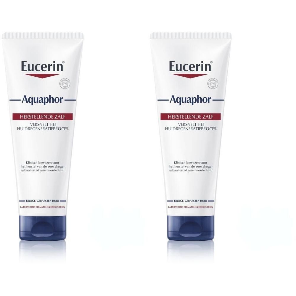 Zwei Tuben Eucerin Aquaphor Repair-Salbe. Weiße Tuben mit blauer Kappe und roter Schrift. Aufschrift: Aquaphor, Herstellende Zalf.