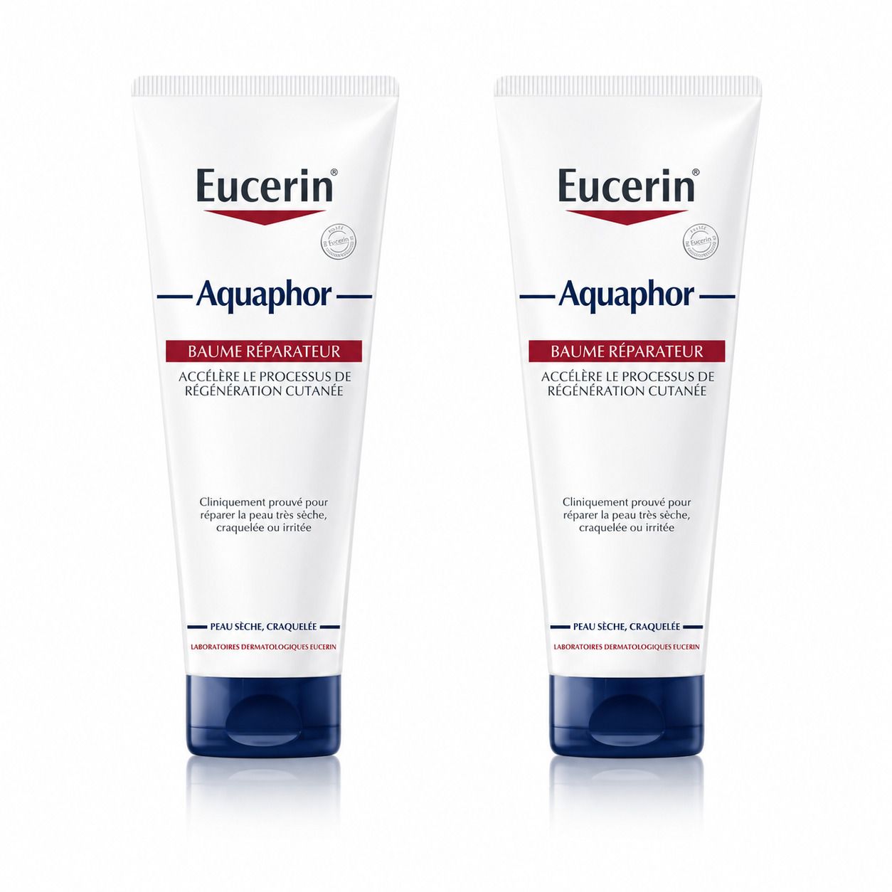 Deux tubes de Eucerin Aquaphor Baume Réparateur côte à côte sur fond blanc.