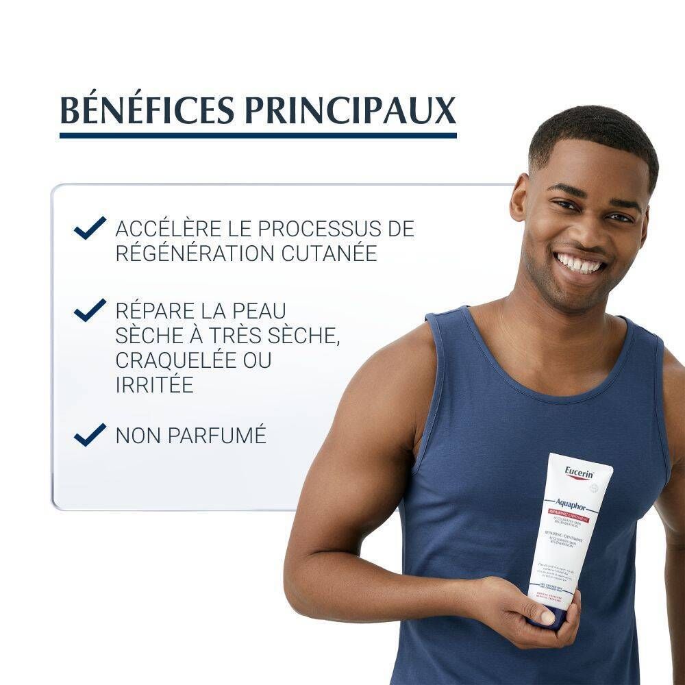 Homme tenant un tube de Eucerin Aquaphor Baume Réparateur. Liste des principaux avantages à côté.