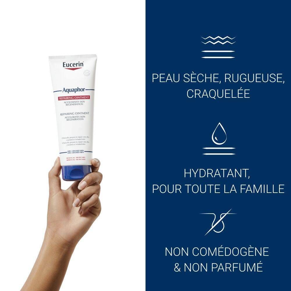 Main tenant un tube de Eucerin Aquaphor Baume Réparateur. Icônes et texte à côté décrivant l'état de la peau et les propriétés.