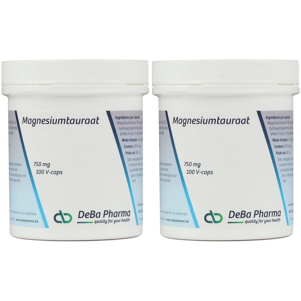 Zwei weiße Behälter mit Aufschrift Magnesiumtaurat 750 mg. Marke DeBa Pharma. Blaue und grüne Akzente.