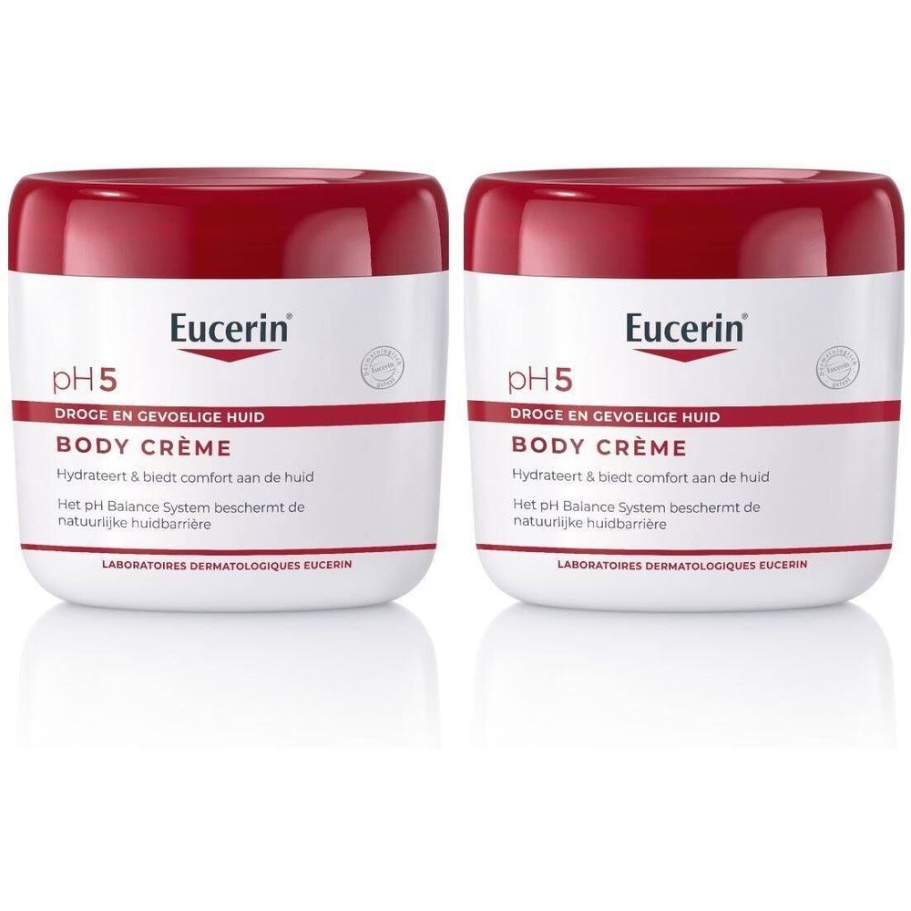 Zwei weiße Tiegel mit rotem Deckel. Aufschrift: Eucerin pH5 Body Crème. Für trockene und empfindliche Haut. Laboratoires Dermatologiques Eucerin.