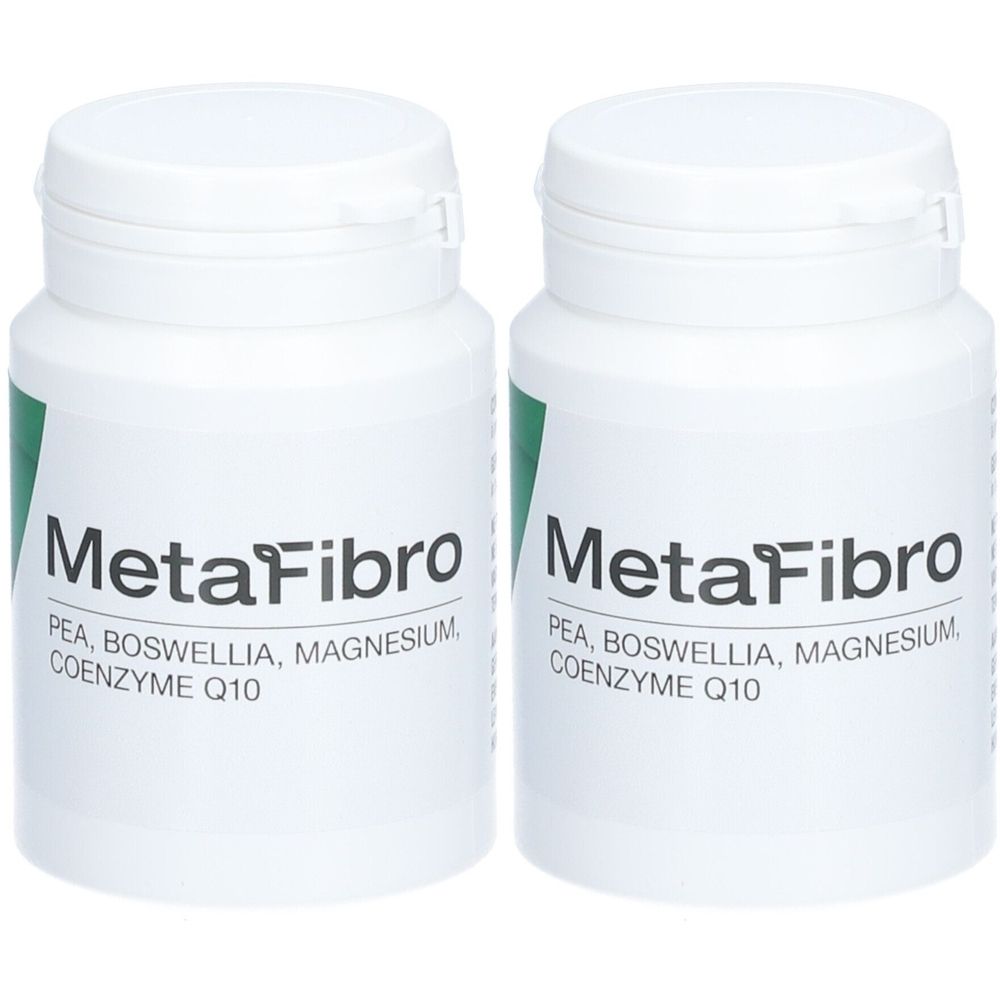 Deux flacons de pilules blancs avec couvercles. Inscription: MetaFibro, PEA, Boswellia, Magnésium, Coenzyme Q10. Étiquettes vertes.